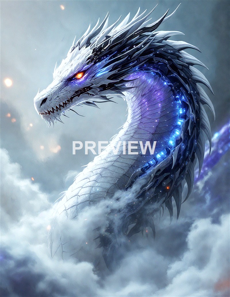 A majestic, fierce-looking dragon with glowing blue and purple accents on its white and black scales, emerging from cloudy skies with sparks and light effects surrounding it.